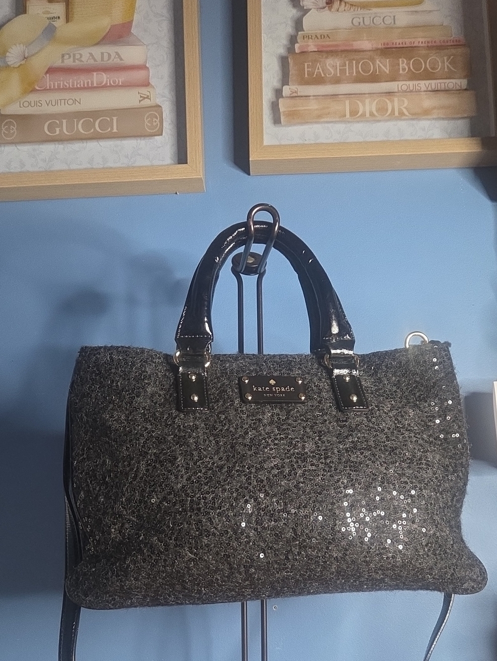 kate spade Storybook Lining Wool Black Sequin Satchel with Top Handles - Picture 8 of 8
